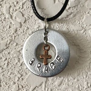 GRACE Washer Necklace with Cross Hand Stamped